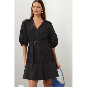3.1 Phillip Lim Puff Sleeve Dress Black Textured V Neck Belted Mini Sz 8